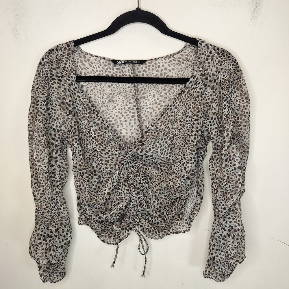 Zara Animal Print Spotted Top Cinch Ruched Front Sheer Metallic
